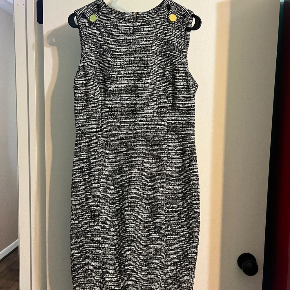 Calvin Klein sleeveless dress, black and white with gold buttons.  Size 10. - Picture 2 of 6